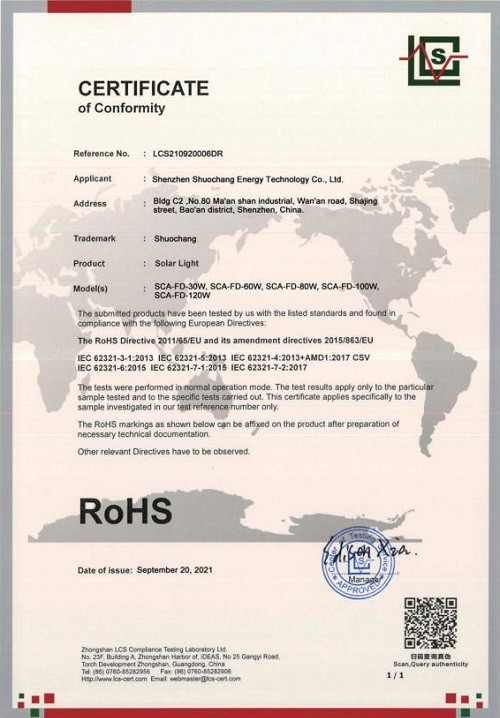 SCA-FD IP65 Certificate SCA-FD IP65 Certificate